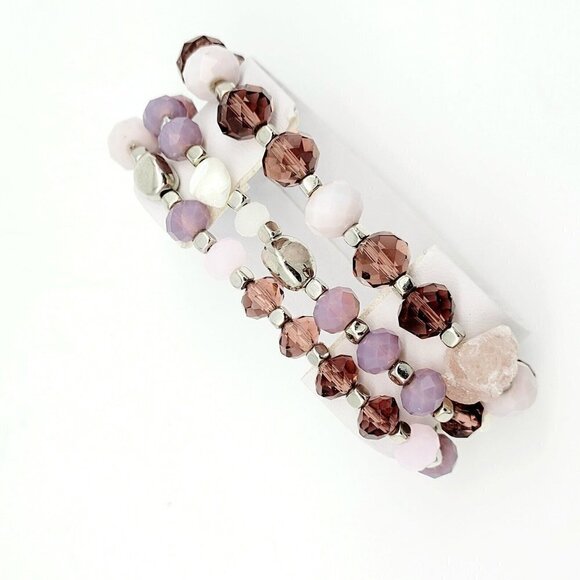 Set of 3 Stretch Stacker Bracelets Amethyst Color Glass Pink Purple White Casual - Picture 5 of 5